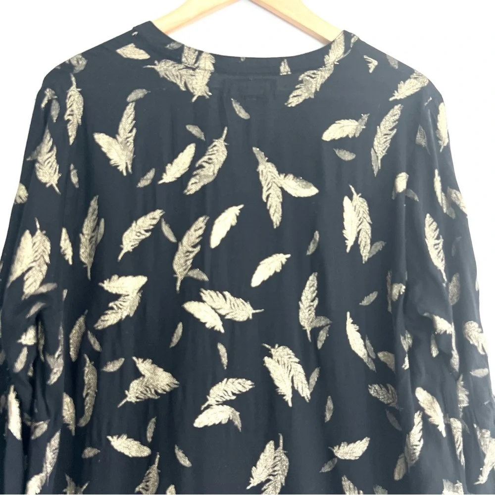 JOHNNY WAS Workshop Black Metallic Gold Feathers Embroidered Hem Mini Dress Sz L - Picture 9 of 16